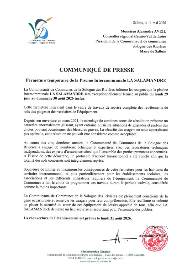 communiqué de presse fermeture piscine La Salamandre