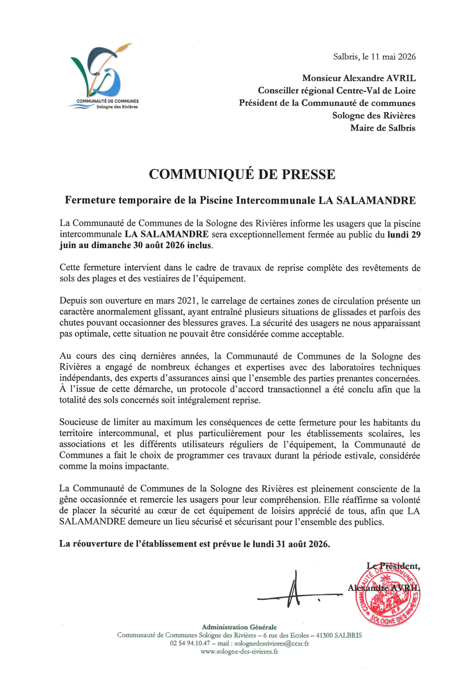 communiqué de presse fermeture piscine La Salamandre